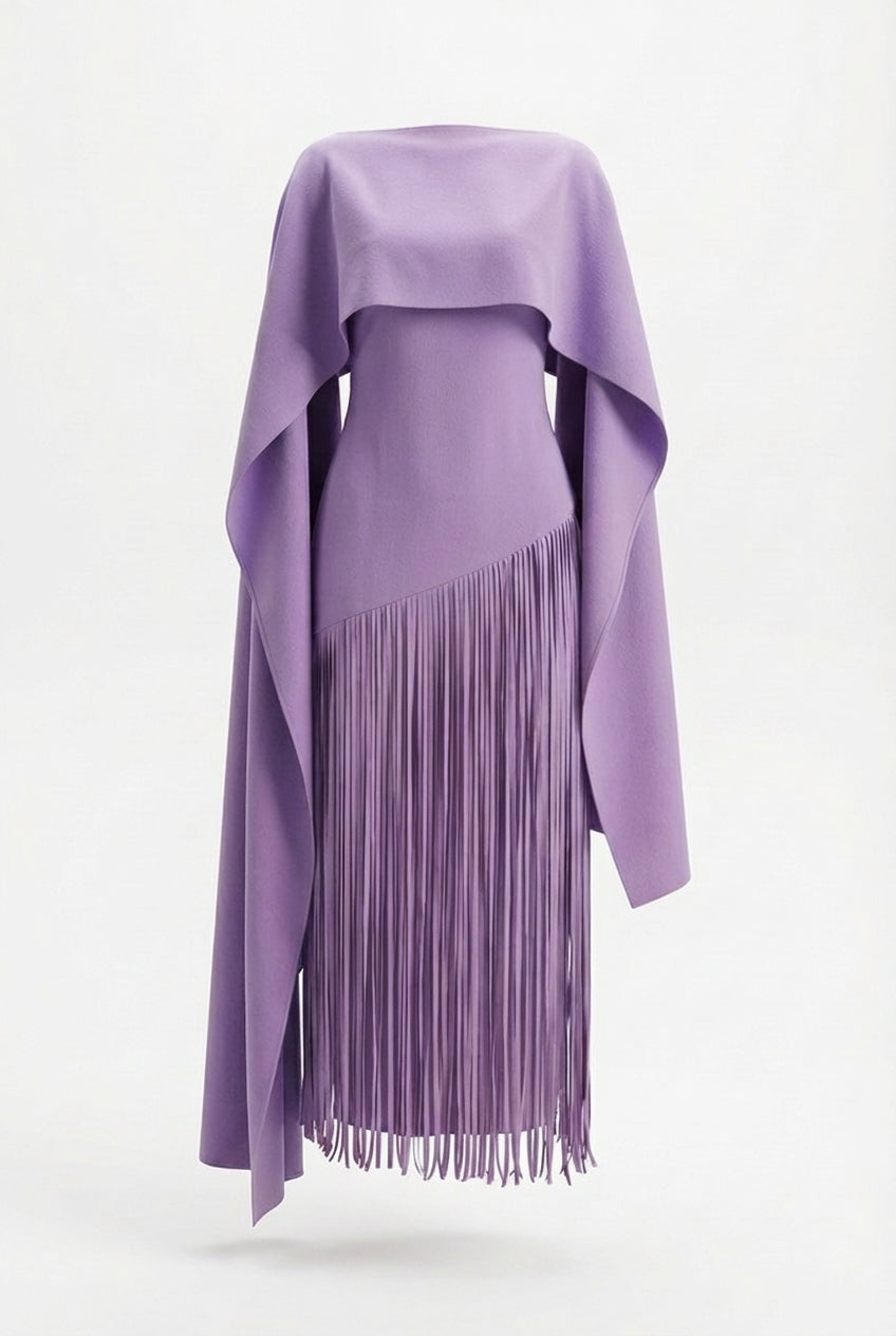 Mariah | Women’s Cape Sleeve Fringe Maxi Evening Wedding Guest Dress