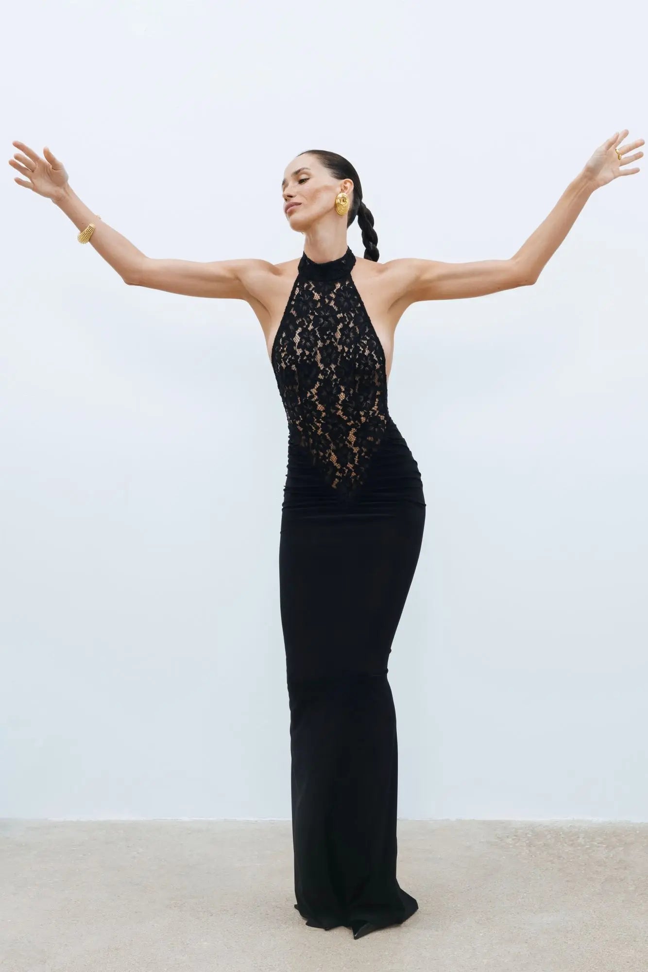 Rayna | Women's High-Neck Sleeveless Backless Lace Bodycon Maxi Dress