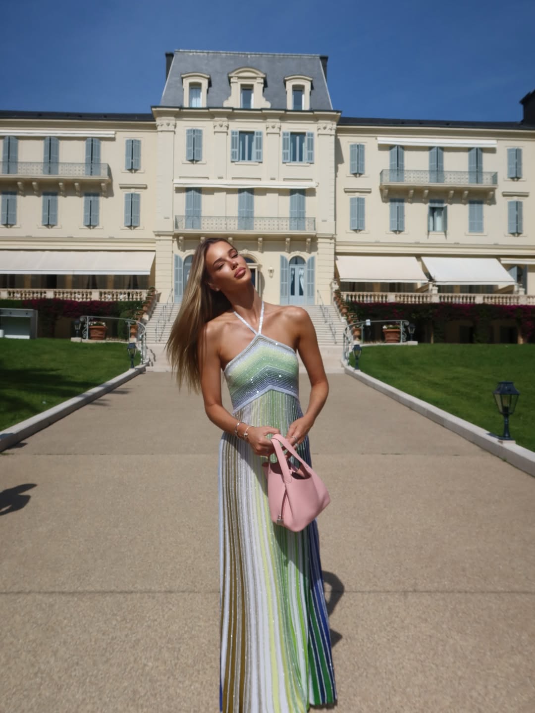 Kendall | Women's Sequin Striped Knit Halter Maxi Dress