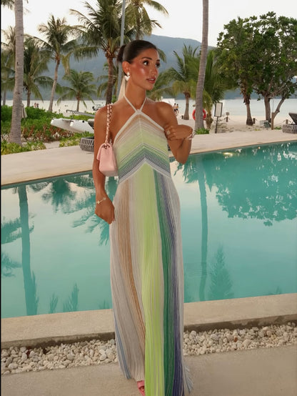 Kendall | Women's Sequin Striped Knit Halter Maxi Dress