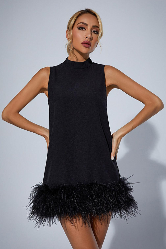 Alaina | Women's Sleeveless Mock Neck Feather Hem Mini Dress
