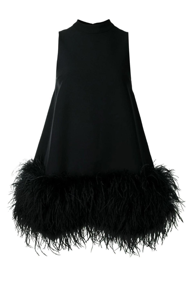 Alaina | Women's Sleeveless Mock Neck Feather Hem Mini Dress