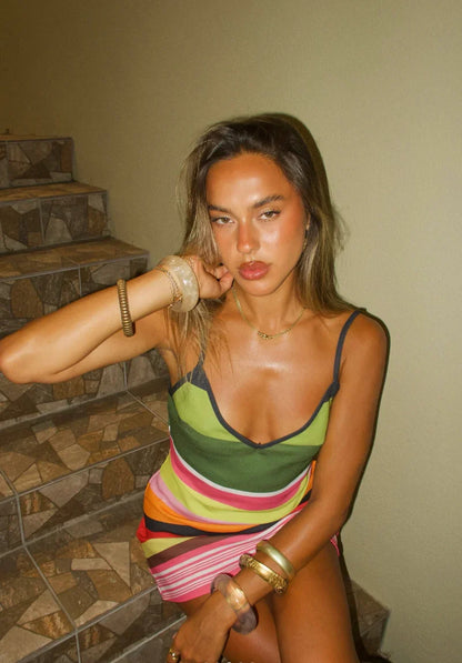 Ally | Women's Striped V-Neck Spaghetti Strap Knit Mini Dress
