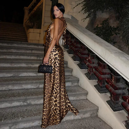 Anya | Women's Leopard Print Halter Tie-Backless Maxi Summer Dress