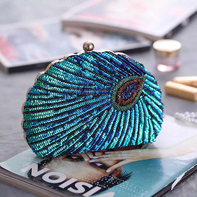 Astrid | Women’s Sequin Glitter Peacock Beaded Clutch Party Bag