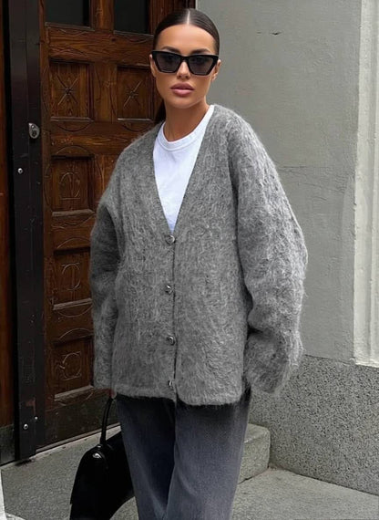 Aubree | Women's Fuzzy Knit Button Front V-Neck Cardigan