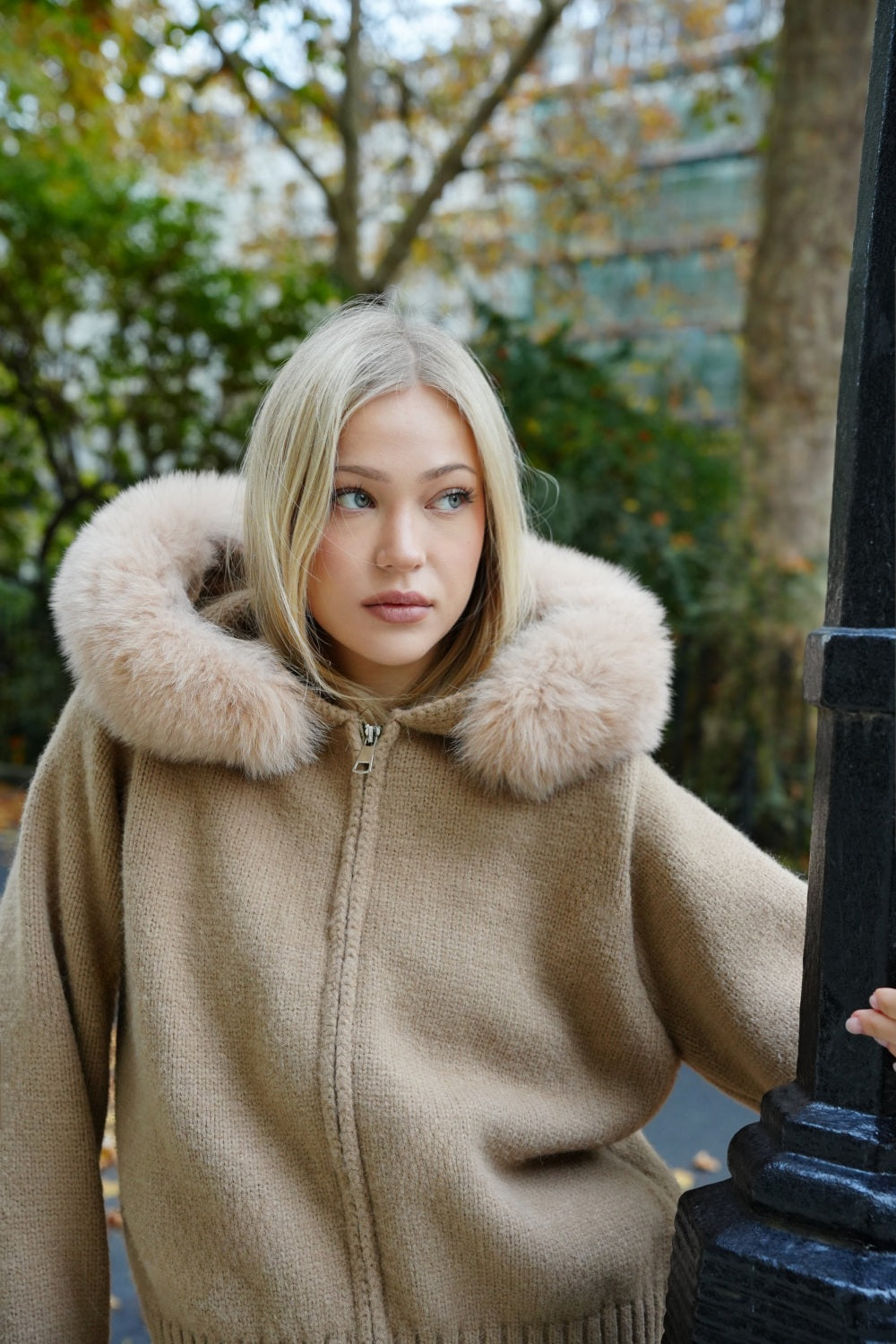 Aubri | Women's Hooded Faux Fur Zip Up Knit Cardigan Jacket