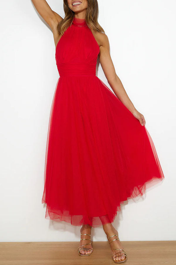 Aylin | Women's Sleeveless Halter-Neck Midi Prom Dress