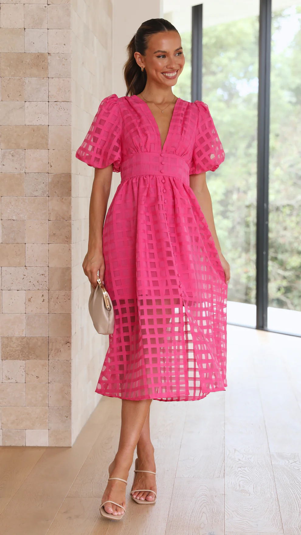 Bailey | Women’s Grid Textured Puff Sleeve Midi Wedding Guest Dress