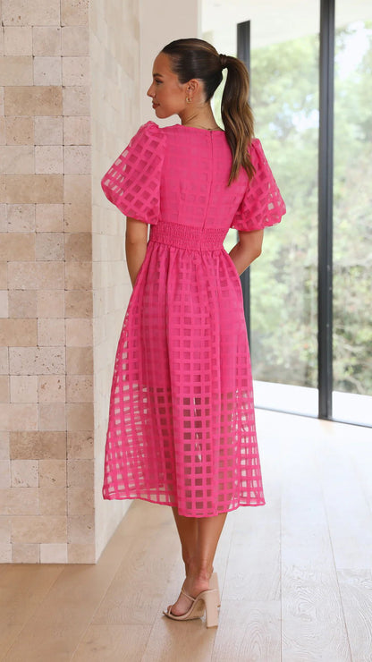 Bailey | Women’s Grid Textured Puff Sleeve Midi Wedding Guest Dress