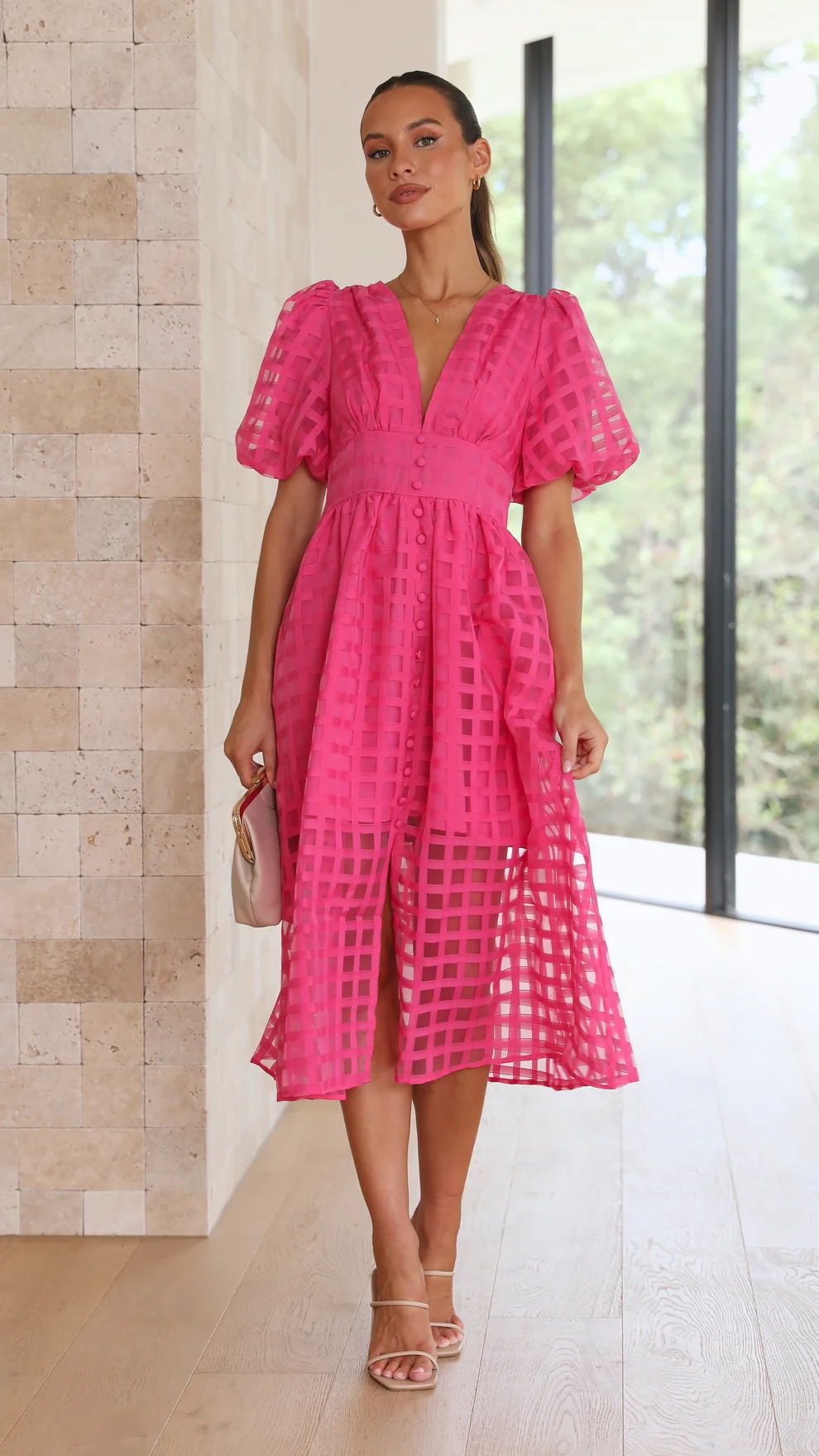 Bailey | Women’s Grid Textured Puff Sleeve Midi Wedding Guest Dress