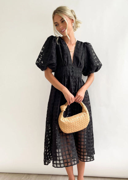 Bailey | Women’s Grid Textured Puff Sleeve Midi Wedding Guest Dress