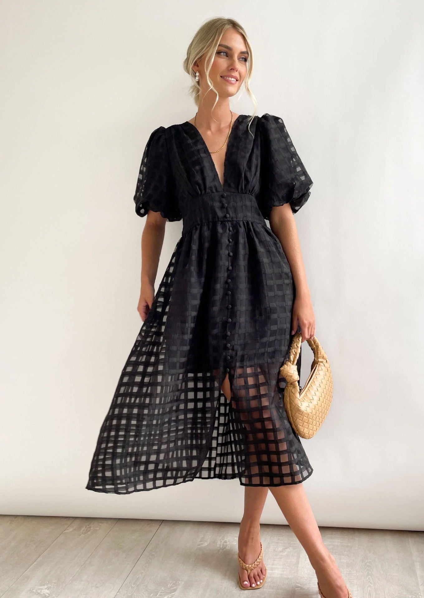 Bailey | Women’s Grid Textured Puff Sleeve Midi Wedding Guest Dress