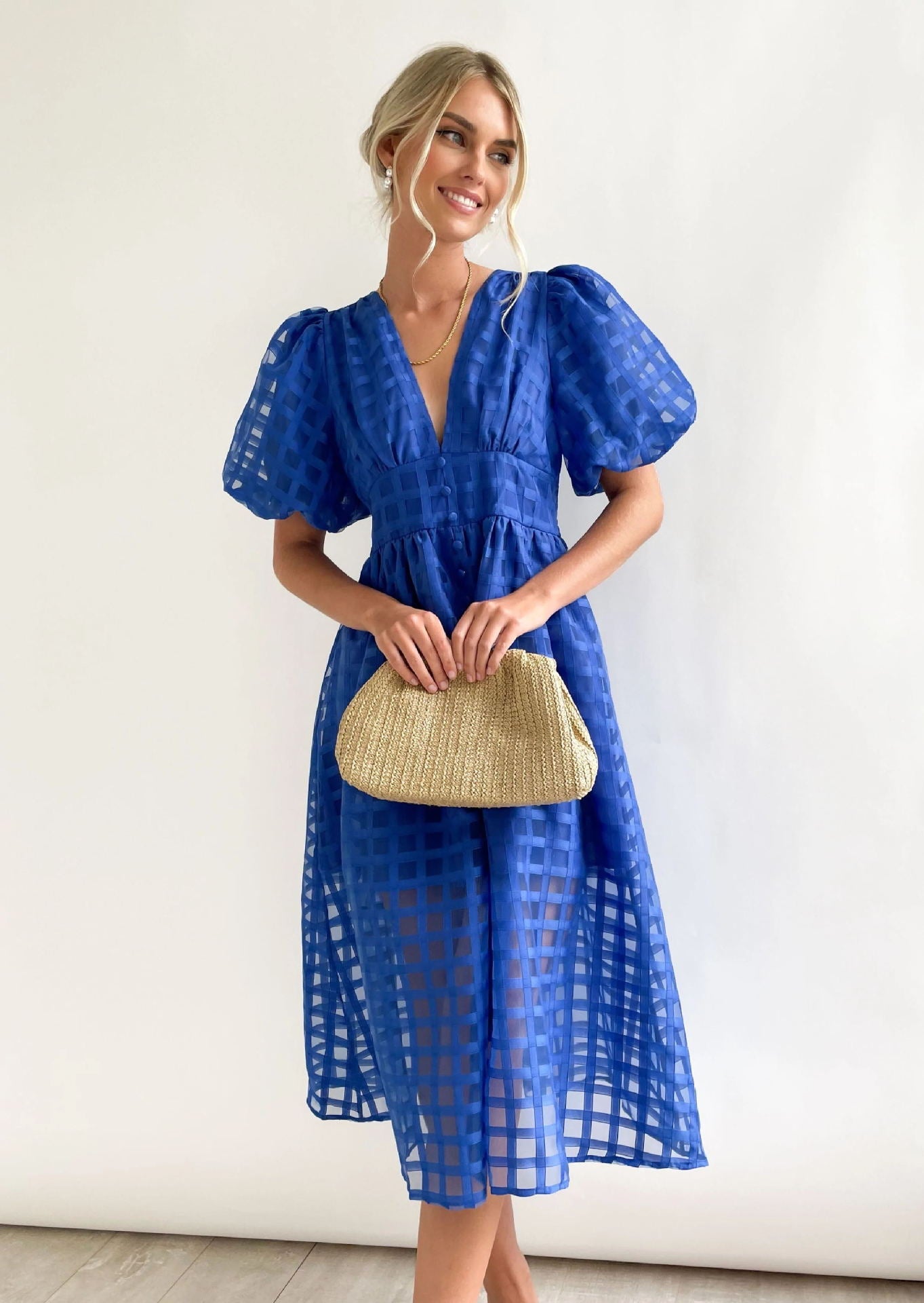 Bailey | Women’s Grid Textured Puff Sleeve Midi Wedding Guest Dress