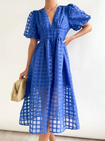 Bailey | Women’s Grid Textured Puff Sleeve Midi Wedding Guest Dress