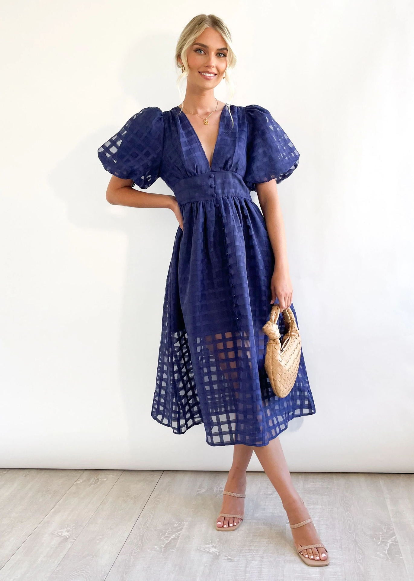 Bailey | Women’s Grid Textured Puff Sleeve Midi Wedding Guest Dress