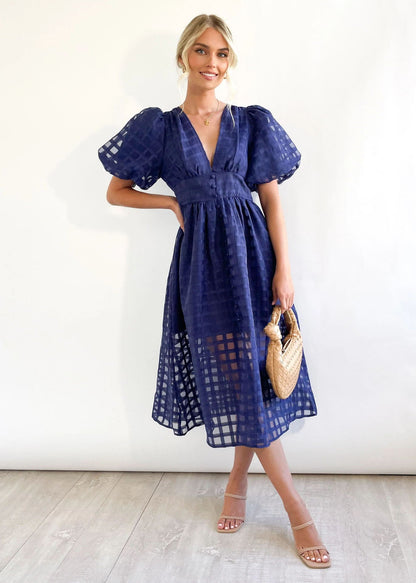 Bailey | Women’s Grid Textured Puff Sleeve Midi Wedding Guest Dress