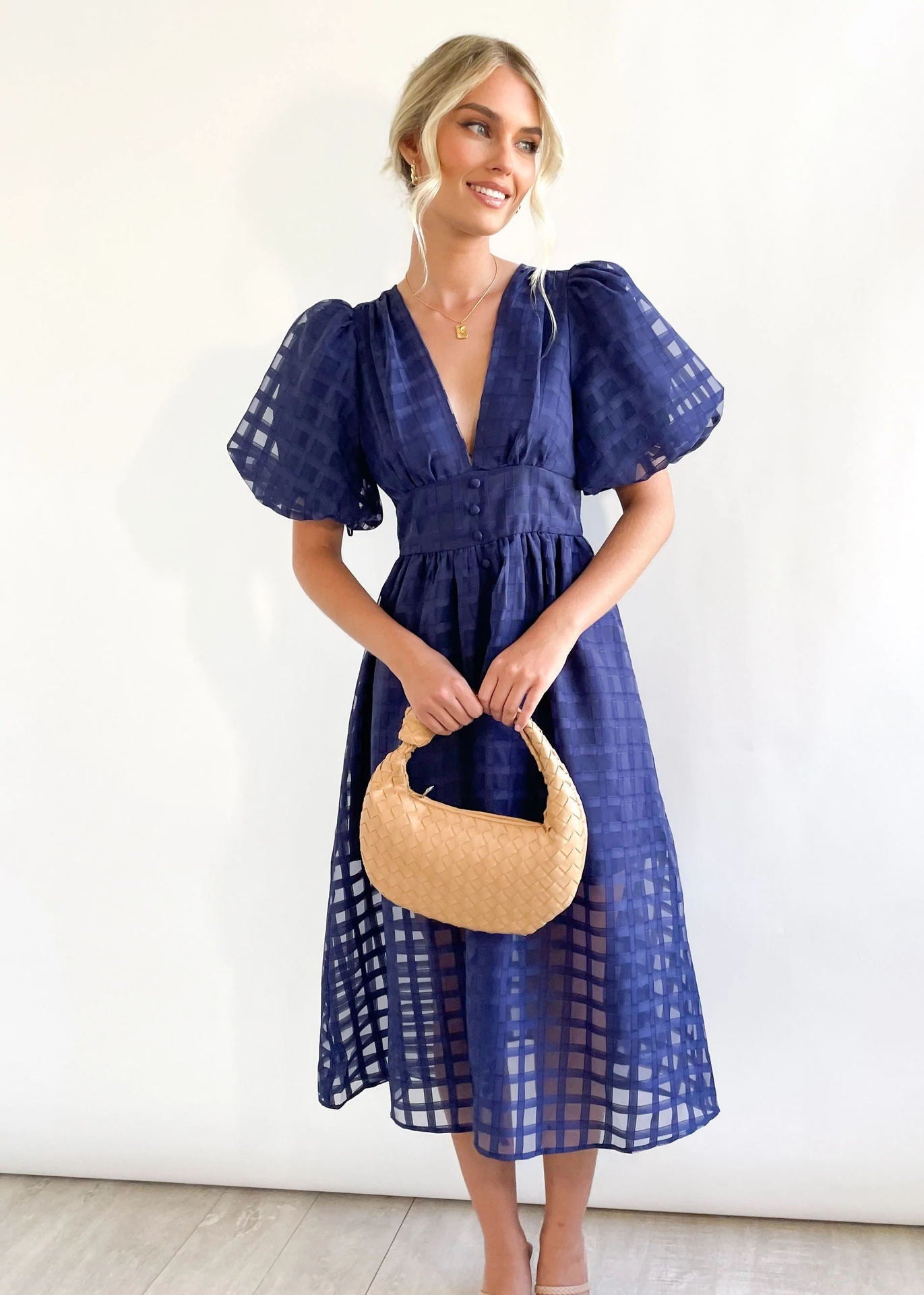 Bailey | Women’s Grid Textured Puff Sleeve Midi Wedding Guest Dress