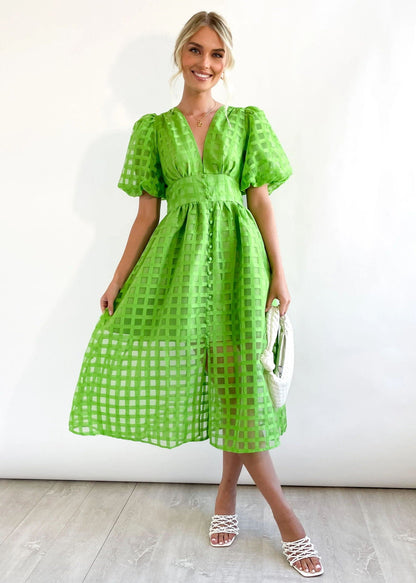 Bailey | Women’s Grid Textured Puff Sleeve Midi Wedding Guest Dress
