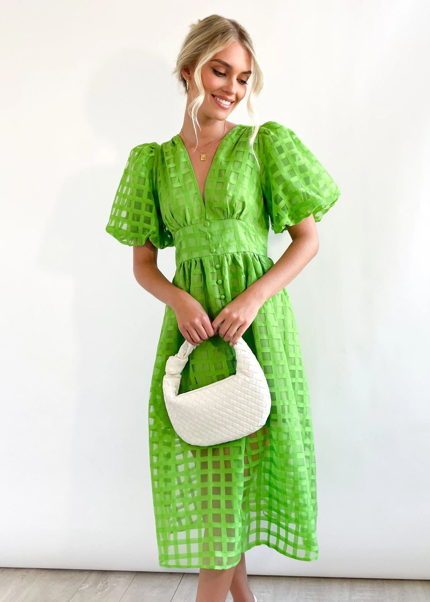 Bailey | Women’s Grid Textured Puff Sleeve Midi Wedding Guest Dress