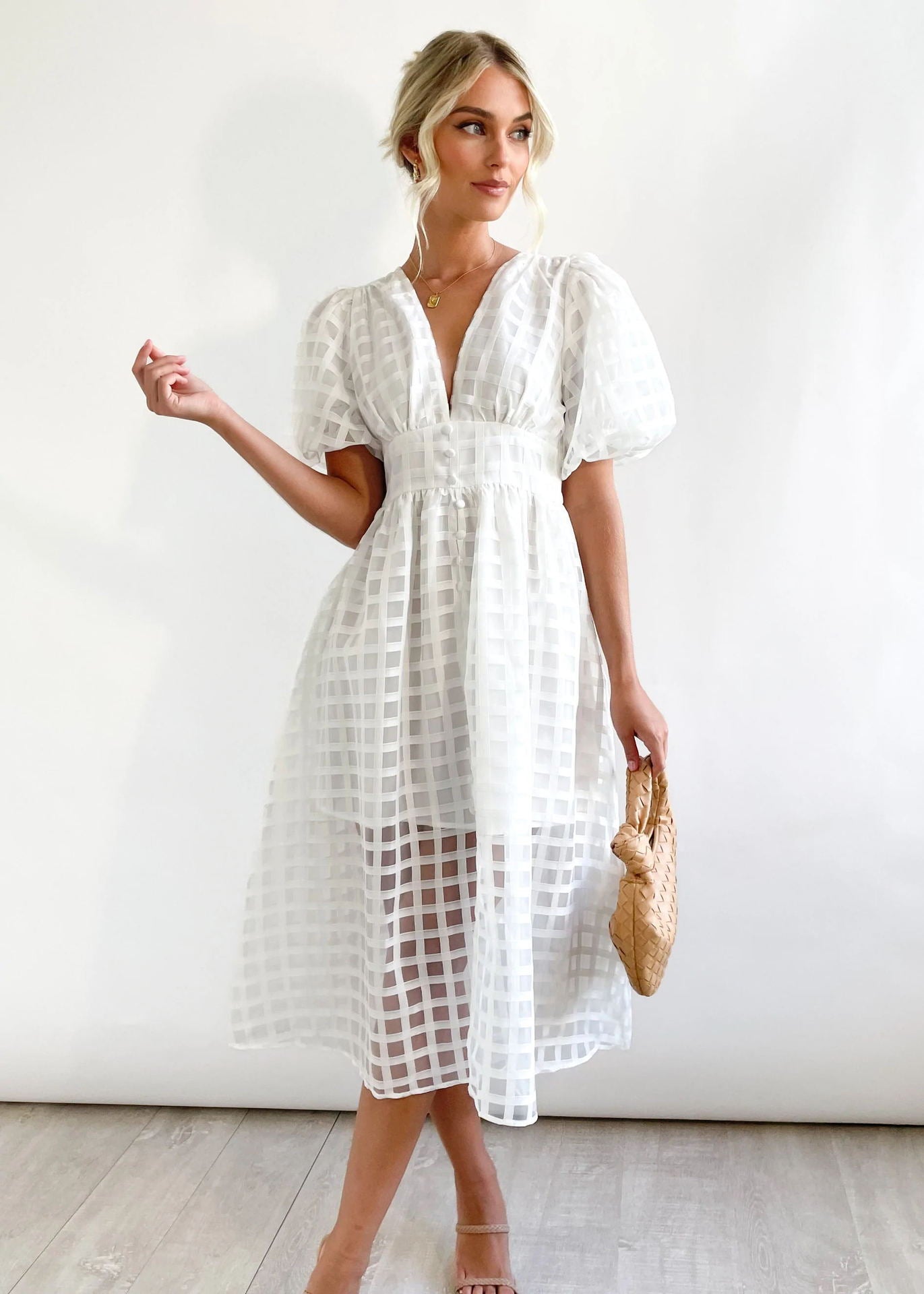 Bailey | Women’s Grid Textured Puff Sleeve Midi Wedding Guest Dress