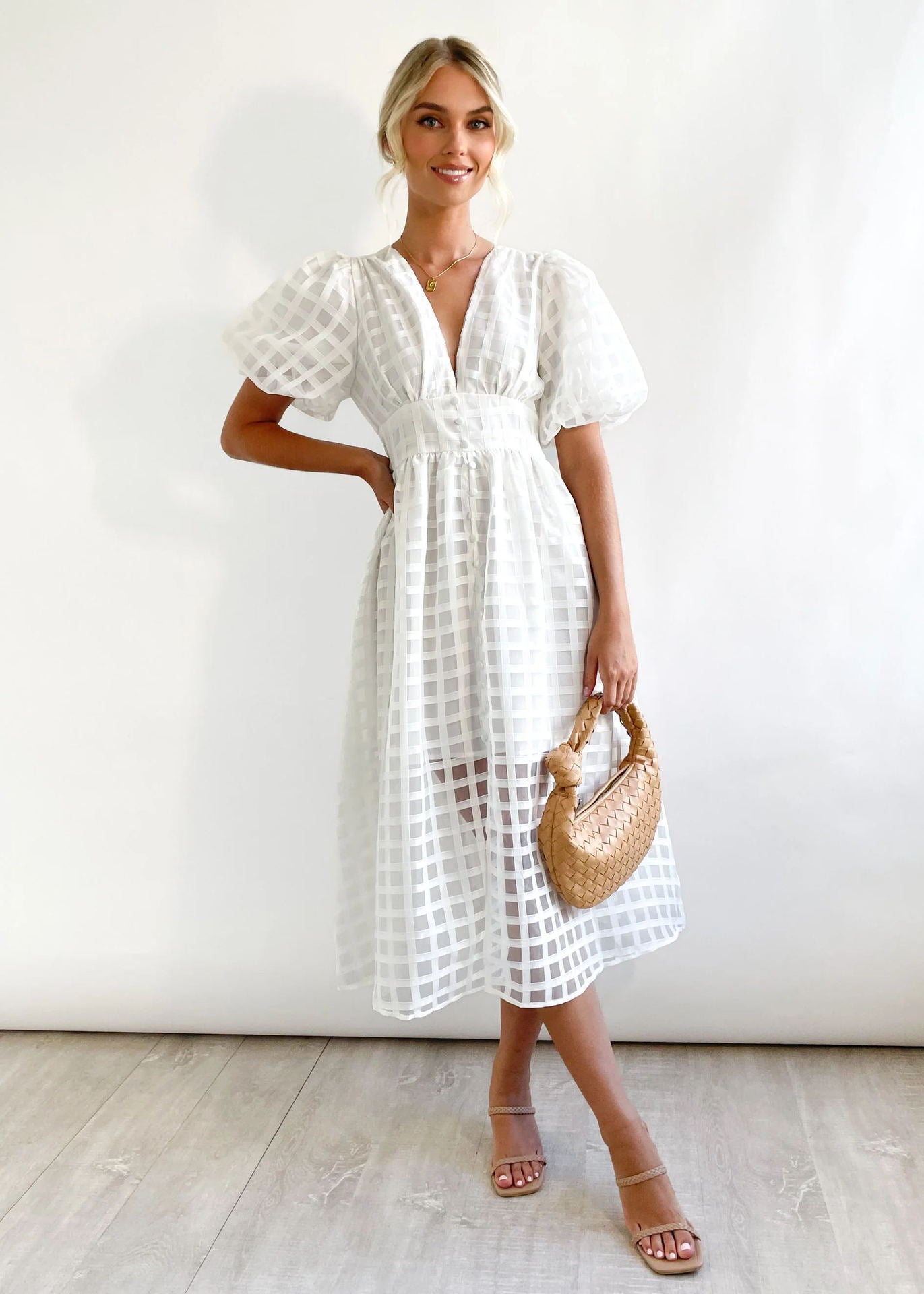 Bailey | Women’s Grid Textured Puff Sleeve Midi Wedding Guest Dress