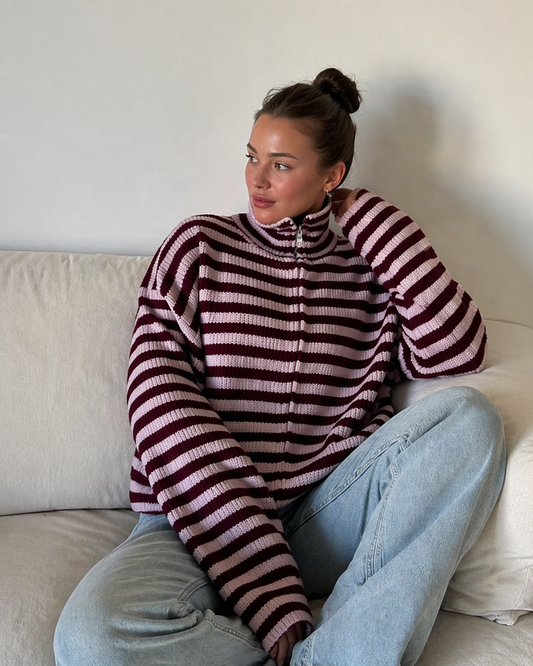 Brenna | Women's Oversized Striped Zip Up Knit Sweater