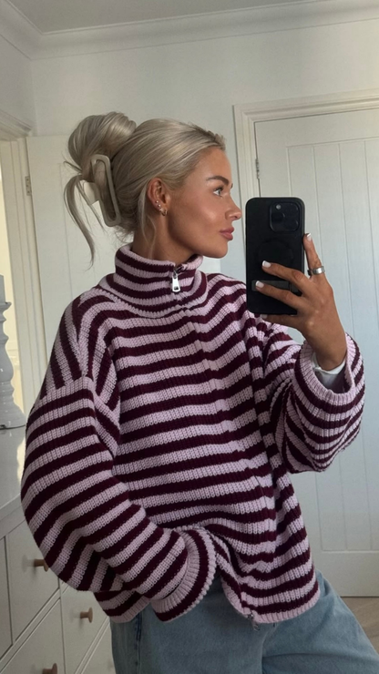 Brenna | Women's Oversized Striped Zip Up Knit Sweater