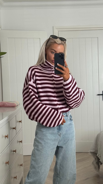Brenna | Women's Oversized Striped Zip Up Knit Sweater