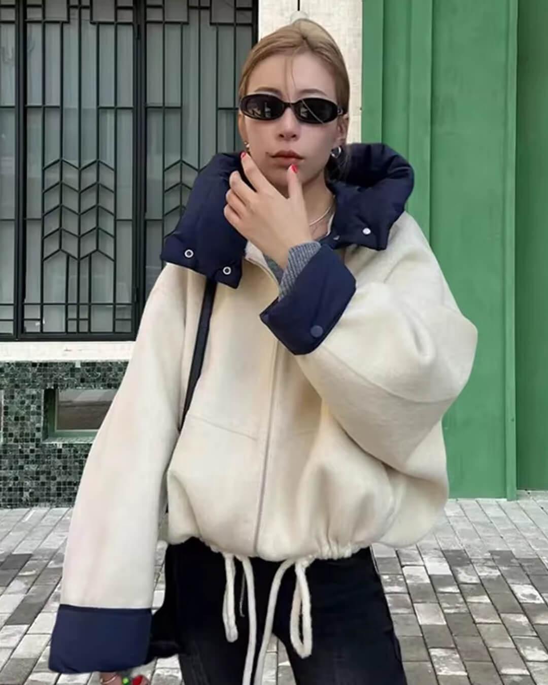 Cadence | Women's Color Block Hooded Drawstring Bomber Jacket