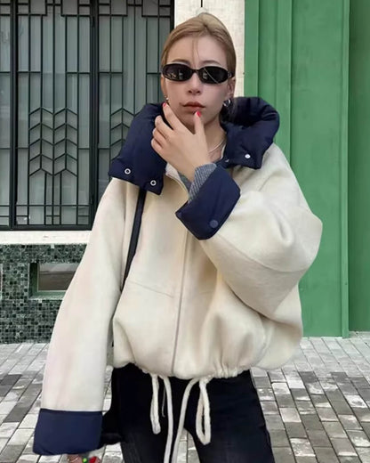 Cadence | Women's Color Block Hooded Drawstring Bomber Jacket