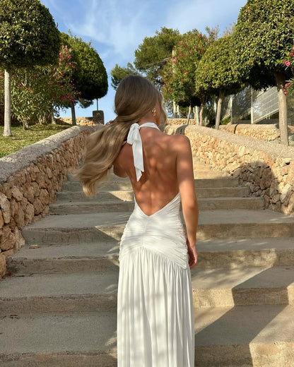 Callista | Women's Sleeveless Halter V-Neck Pleated Maxi Summer Dress
