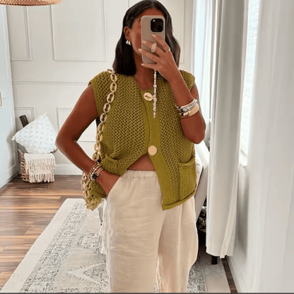 Camille | Women's Chunky Knit Button Front Vest Cardigan