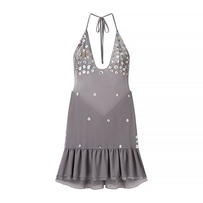 Cecilia | Women's Sequin Halter Backless Ruffle Mini Party Dress