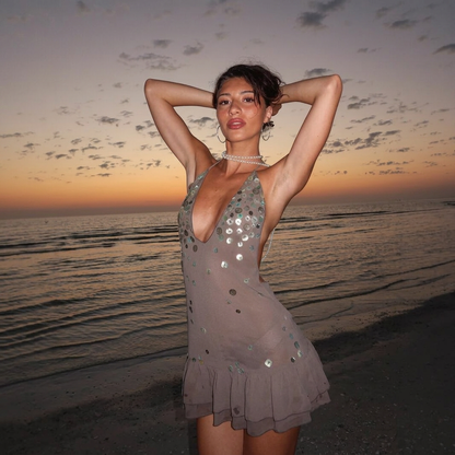 Cecilia | Women's Sequin Halter Backless Ruffle Mini Party Dress