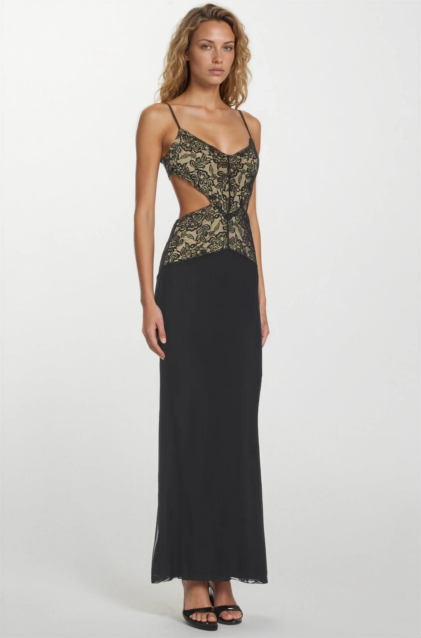 Celeste | Women's Spaghetti Strap Lace Cut-Out Back Tie Maxi Dress