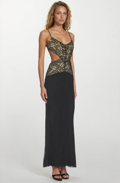 Celeste | Women's Spaghetti Strap Lace Cut-Out Back Tie Maxi Dress