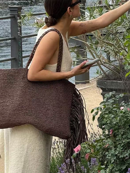 Claire | Women’s Woven Fringe Shoulder Tote Beach Bag