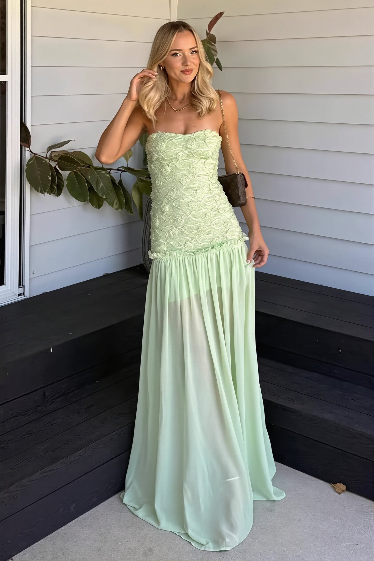 Cleo | Women's Strapless Floral Textured Bodice Chiffon Maxi Wedding Guest Dress
