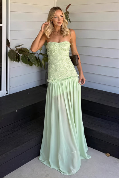 Cleo | Women's Strapless Floral Textured Bodice Chiffon Maxi Wedding Guest Dress