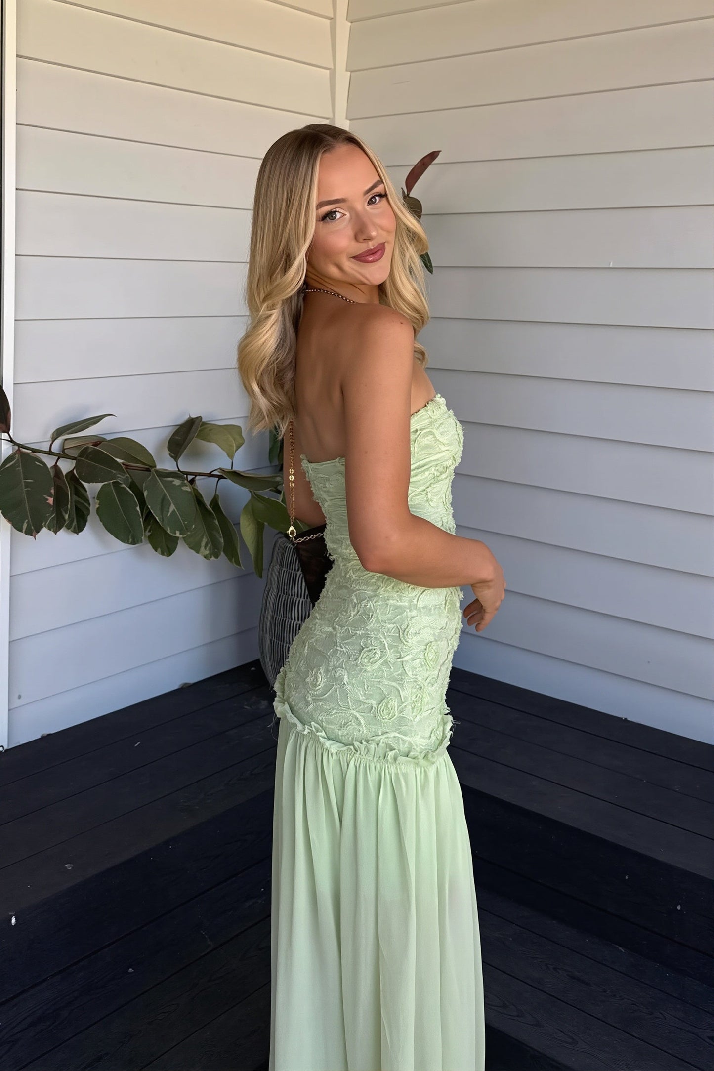 Cleo | Women's Strapless Floral Textured Bodice Chiffon Maxi Wedding Guest Dress