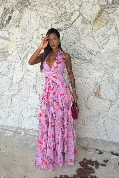 Coral | Women's Floral Sleeveless Ruffle Maxi Wedding Guest Dress
