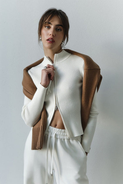 Corinne | Women's Ribbed Knit Zip Front Mock Neck Cardigan