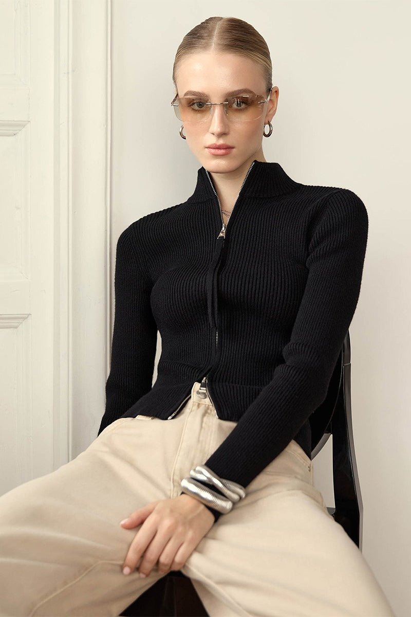 Corinne | Women's Ribbed Knit Zip Front Mock Neck Cardigan