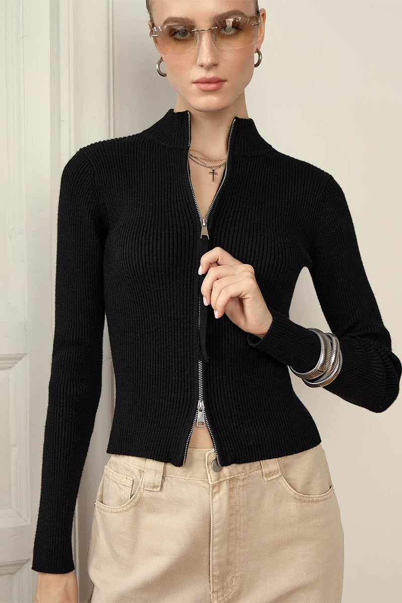 Corinne | Women's Ribbed Knit Zip Front Mock Neck Cardigan