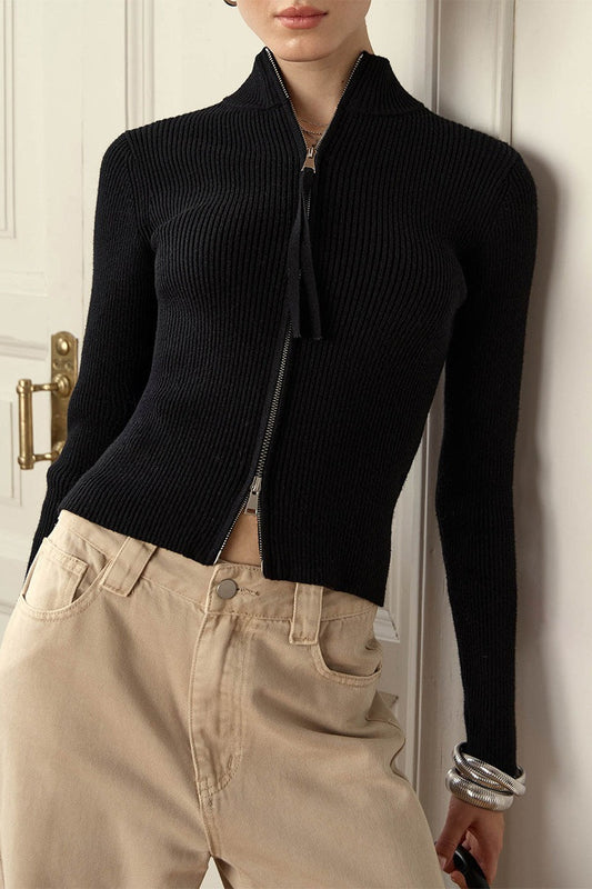 Corinne | Women's Ribbed Knit Zip Front Mock Neck Cardigan