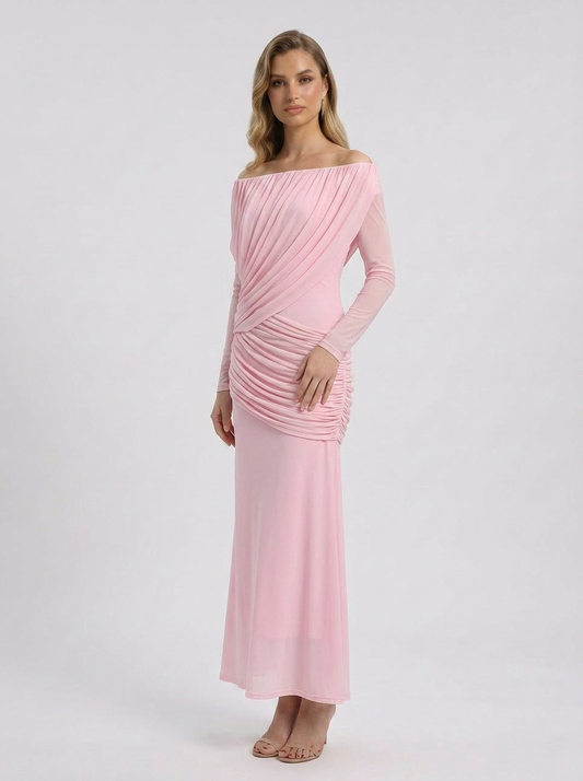 Crystal | Women's Off Shoulder Ruched Long Sleeve Maxi Wedding Guest Dress