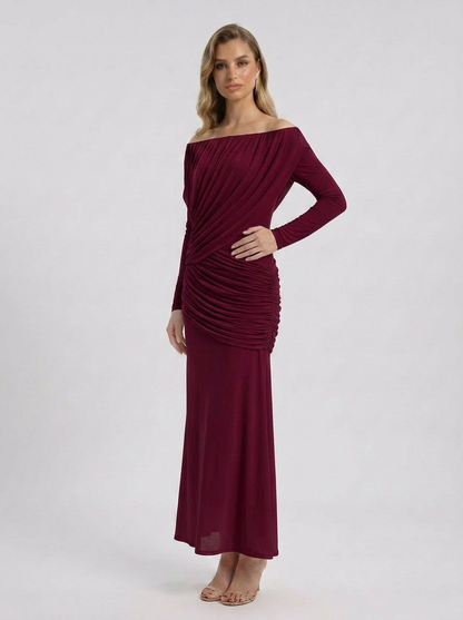 Crystal | Women's Off Shoulder Ruched Long Sleeve Maxi Wedding Guest Dress