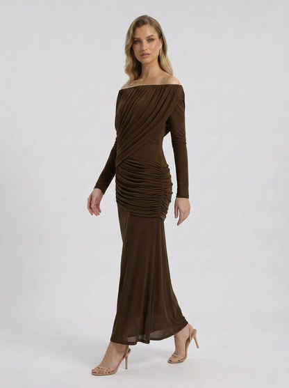 Crystal | Women's Off Shoulder Ruched Long Sleeve Maxi Wedding Guest Dress