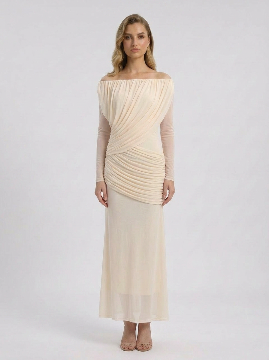 Crystal | Women's Off Shoulder Ruched Long Sleeve Maxi Wedding Guest Dress